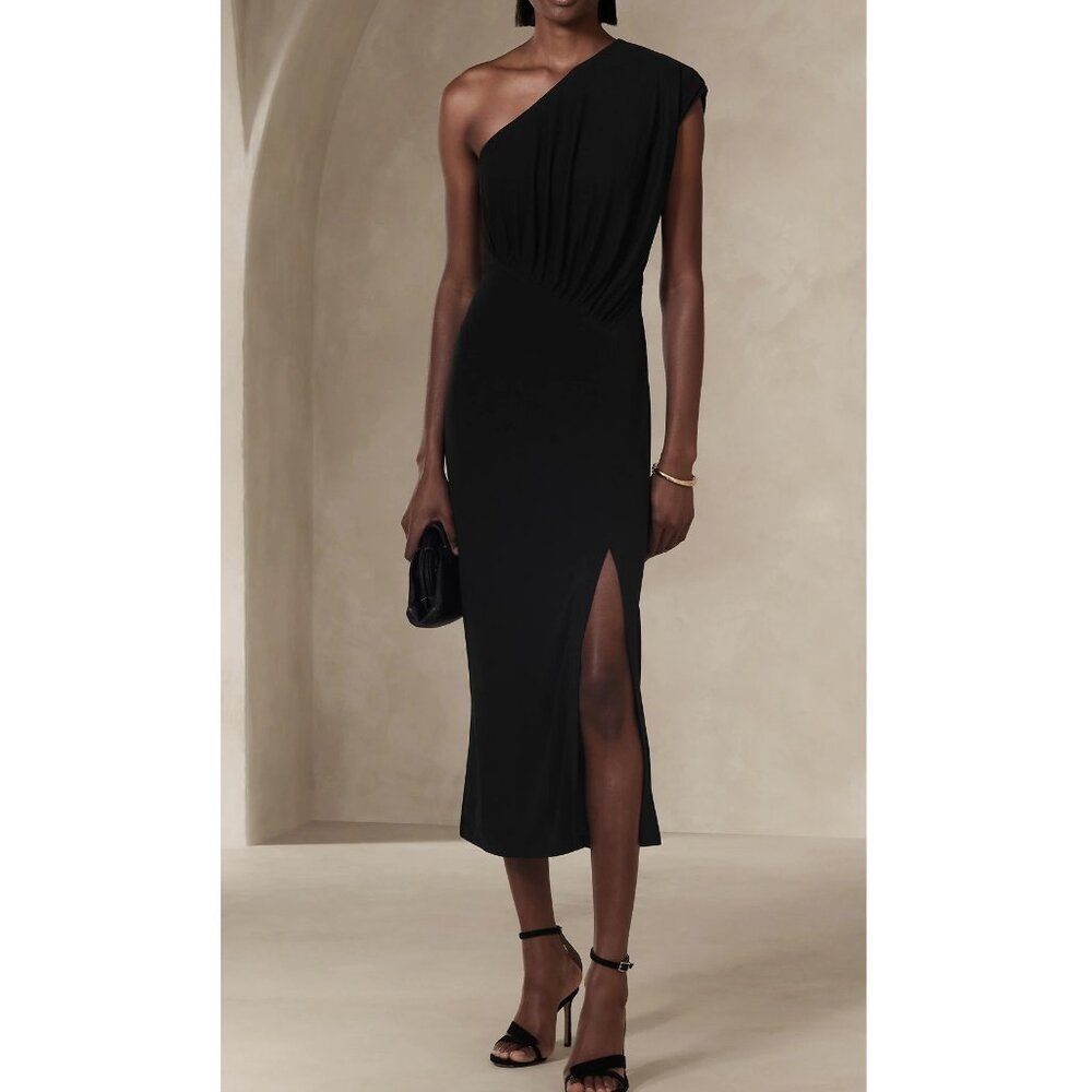 NWT Banana Republic Black Tie Crepe Radhi One-Shoulder Midi Cocktail Dress XS